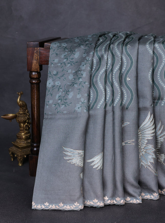Grey Tussar Silk Embroidery Saree