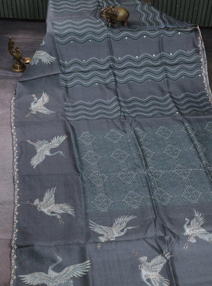 Grey Tussar Silk Embroidery Saree