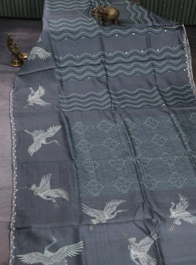 Grey Tussar Silk Embroidery Saree