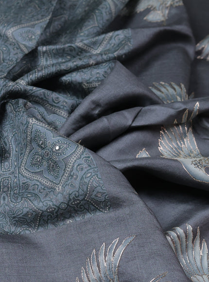 Grey Tussar Silk Embroidery Saree
