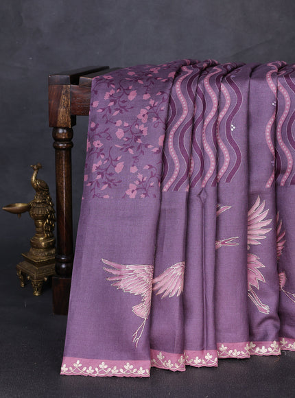 Pastel Purpletussar Silk Embroidery Saree