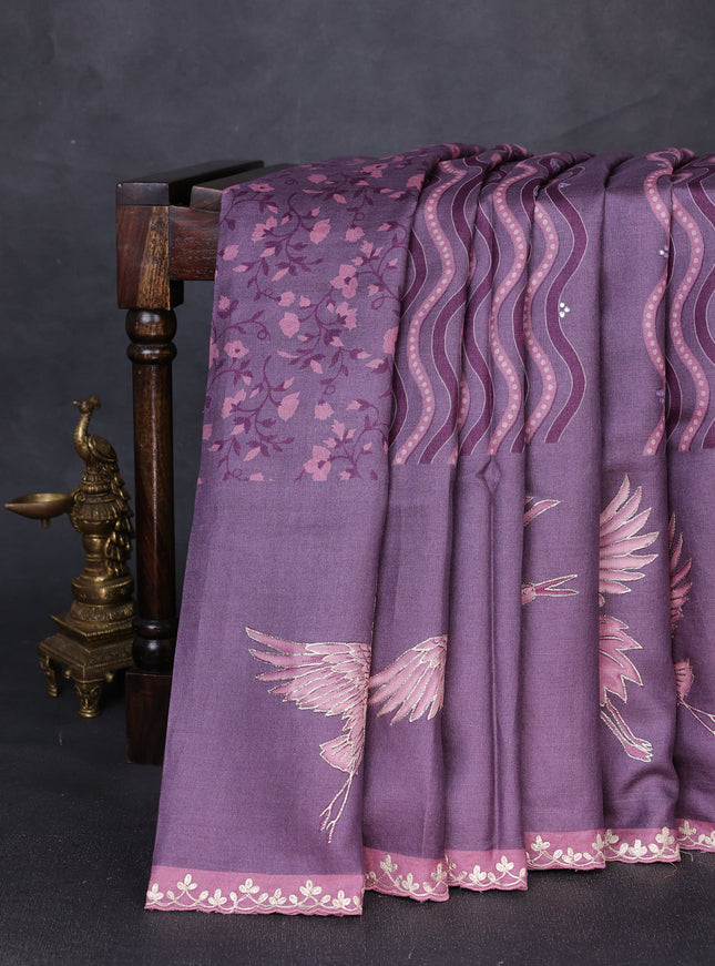 Pastel Purpletussar Silk Embroidery Saree