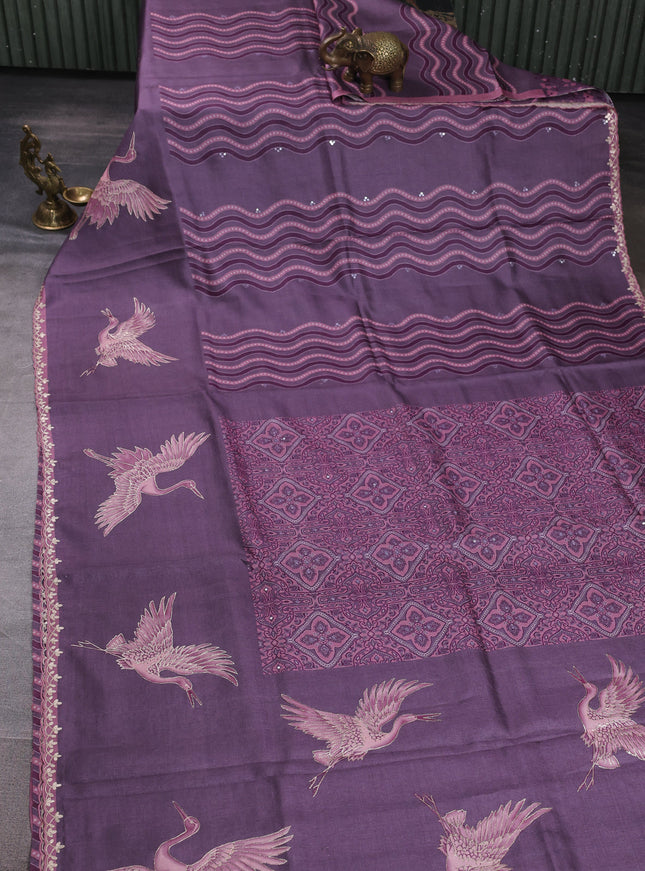 Pastel Purpletussar Silk Embroidery Saree