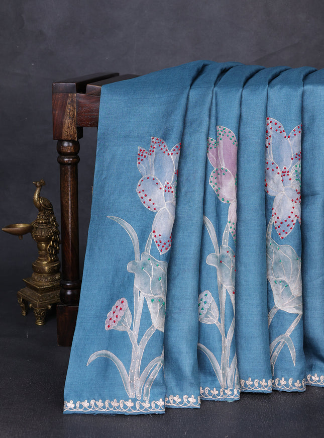 Blue Tussar Silk Embroidery Saree