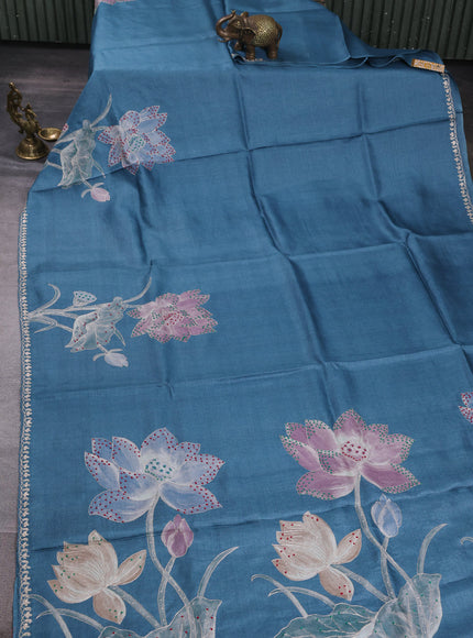 Blue Tussar Silk Embroidery Saree
