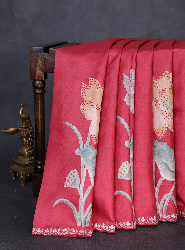 Red Tussar Silk Embroidery Saree