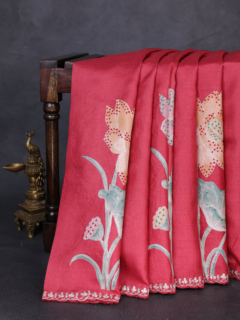 Red Tussar Silk Embroidery Saree