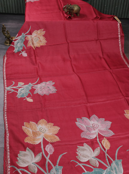 Red Tussar Silk Embroidery Saree