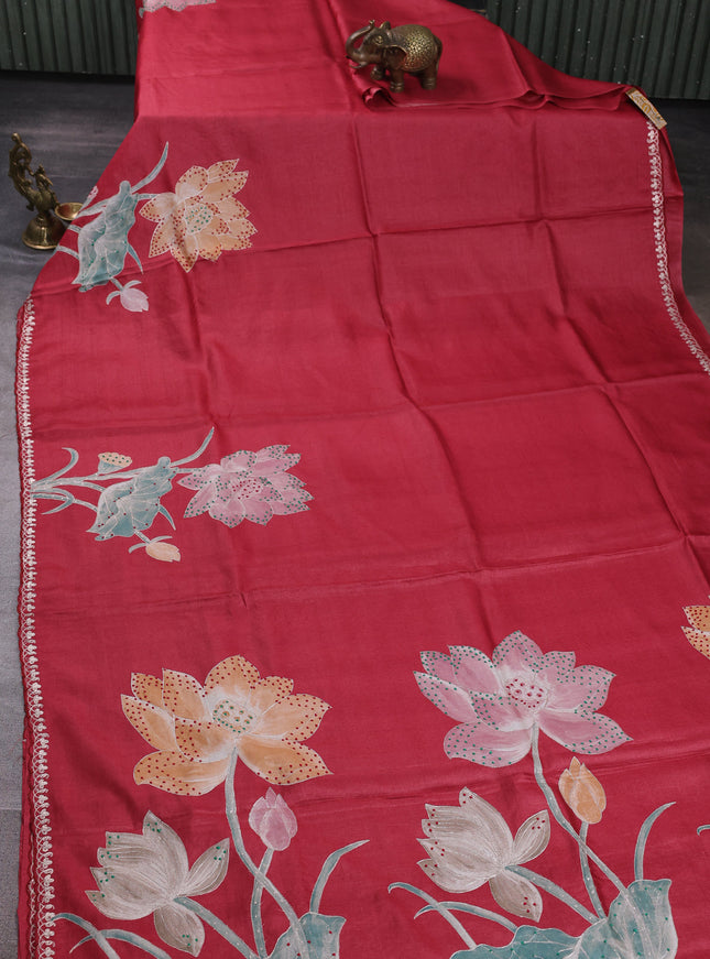 Red Tussar Silk Embroidery Saree