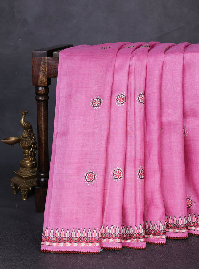 Pink Tussar Silk Embroidery Saree