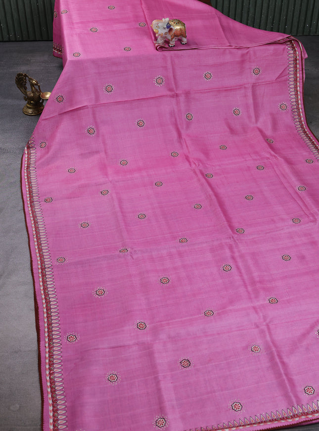 Pink Tussar Silk Embroidery Saree