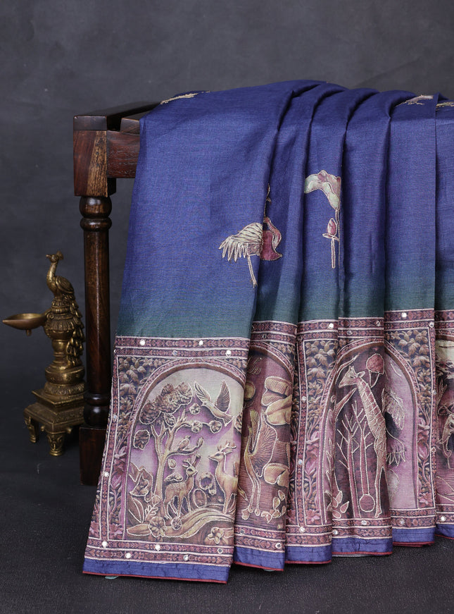 Blue Tussar Silk Embroidery Saree