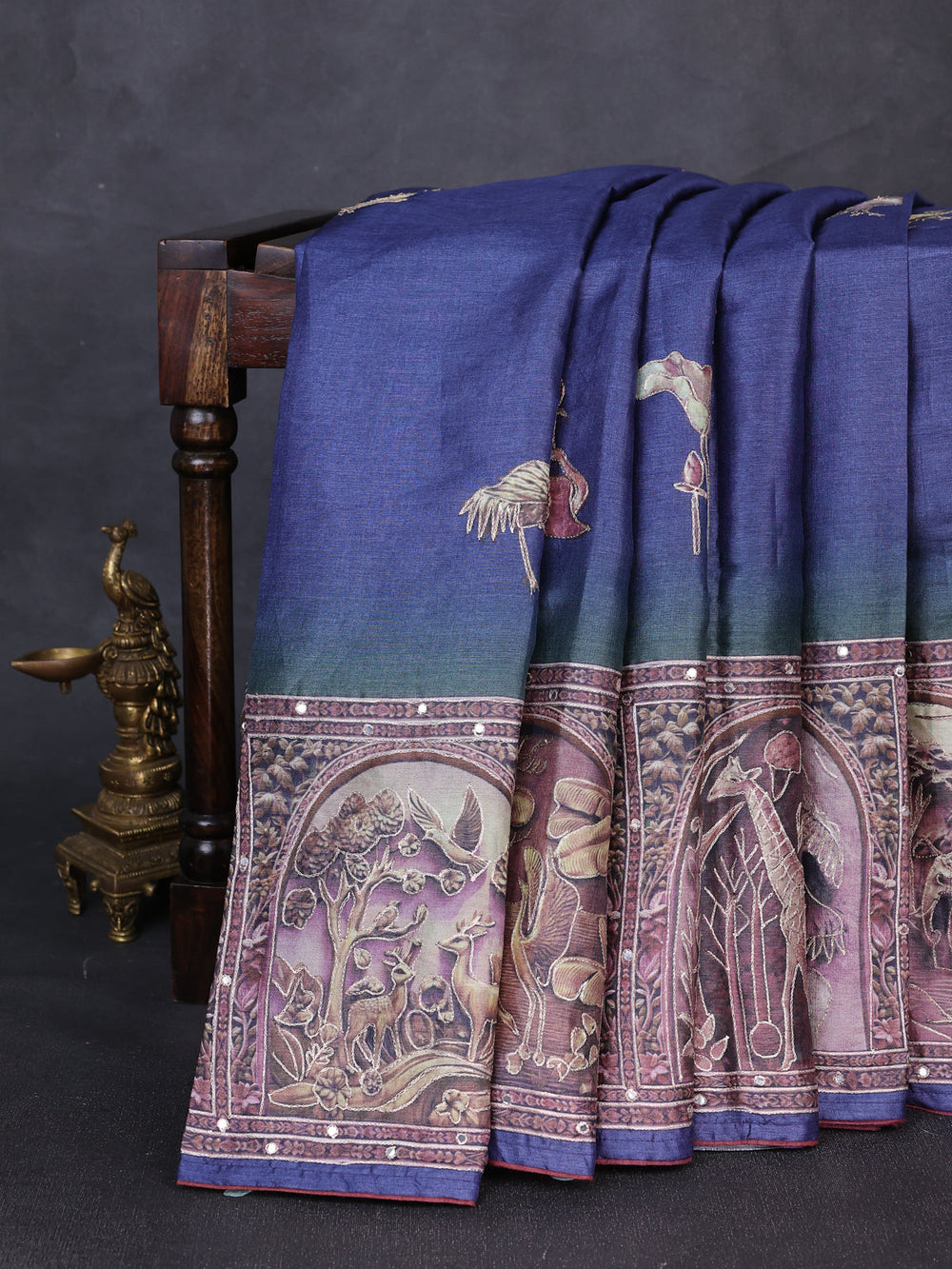 Blue Tussar Silk Embroidery Saree