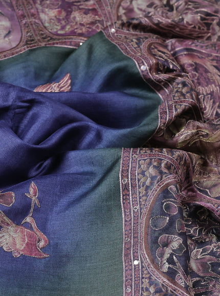 Blue Tussar Silk Embroidery Saree