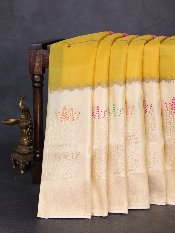 Yellow & Peach Pink - Beige Banarasi Kora Silk