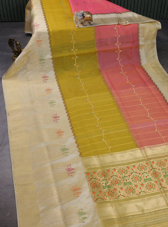 Yellow & Peach Pink - Beige Banarasi Kora Silk