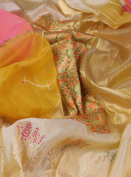 Yellow & Peach Pink - Beige Banarasi Kora Silk