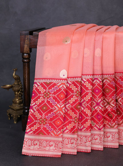 Peach - Red Banarasi Kora Silk