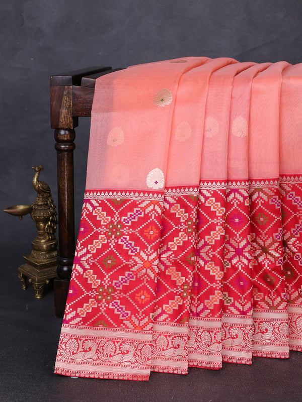Peach - Red Banarasi Kora Silk