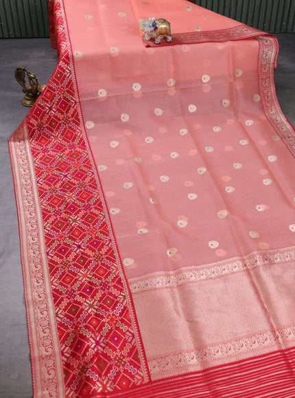 Peach - Red Banarasi Kora Silk
