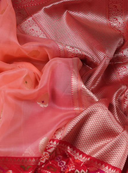 Peach - Red Banarasi Kora Silk