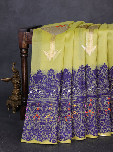 Lime Green - Blue Banarasi Kora Silk