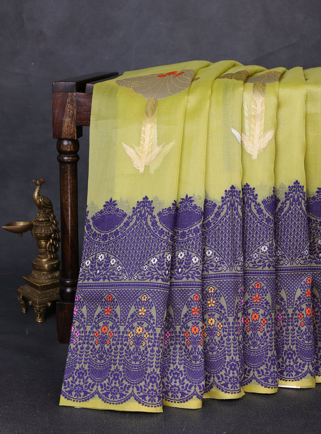 Lime Green - Blue Banarasi Kora Silk