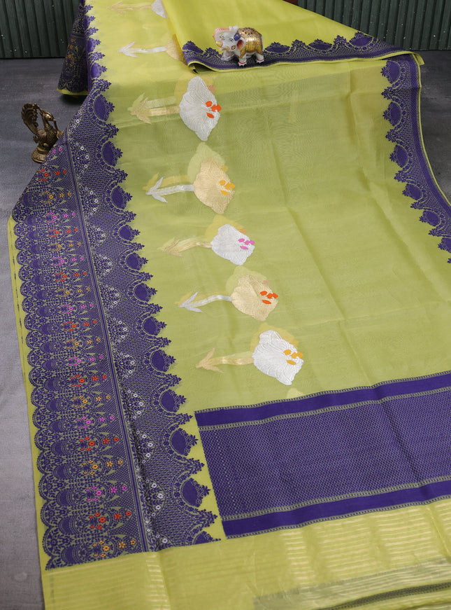 Lime Green - Blue Banarasi Kora Silk