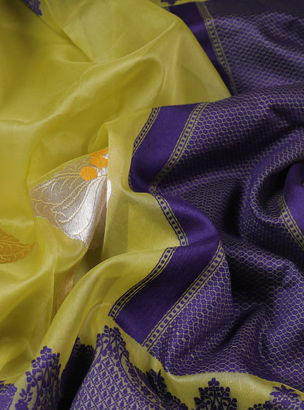 Lime Green - Blue Banarasi Kora Silk