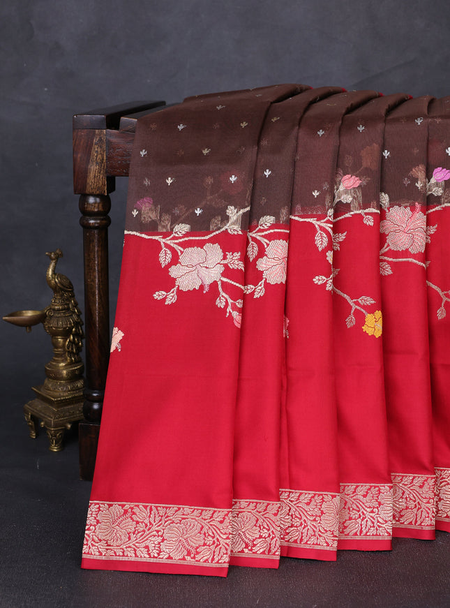 Brown - Red Banarasi Kora Silk