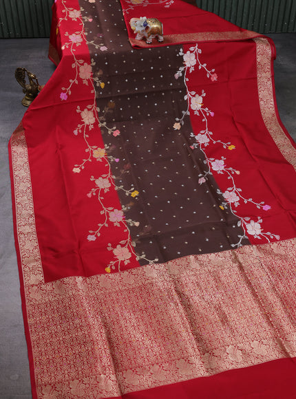 Brown - Red Banarasi Kora Silk