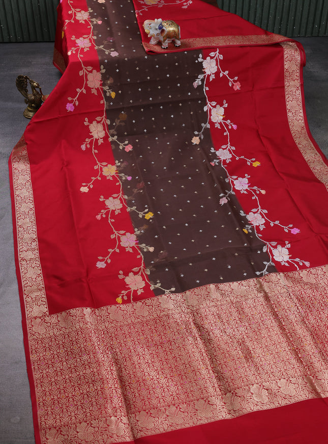 Brown - Red Banarasi Kora Silk