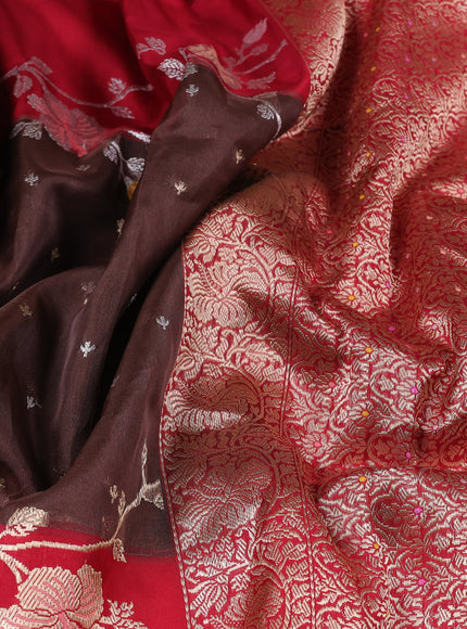 Brown - Red Banarasi Kora Silk