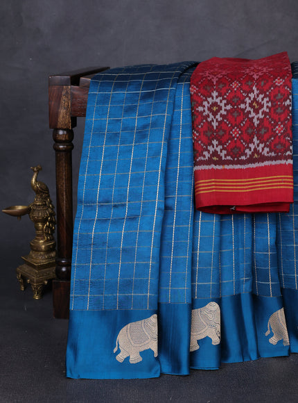 Teal Blue Banarasi Chiniya Silk With Ikat Blouse