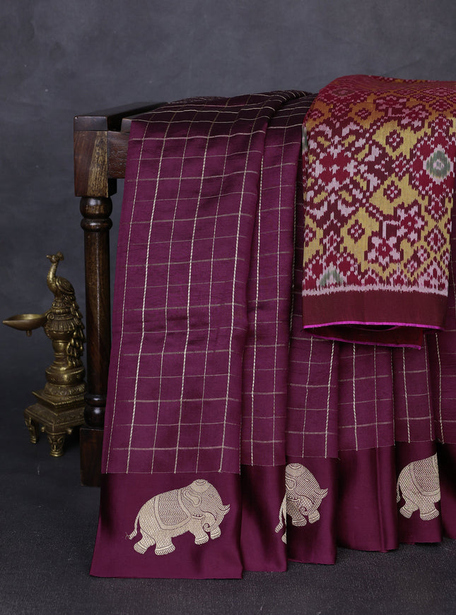 Wine Banarasi Chiniya Silk With Ikat Blouse