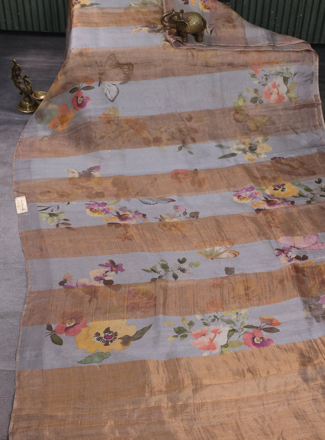Grey Organza Printed Silk Saree