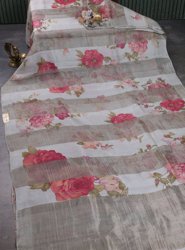 Silver Grey Organza Printed Silk Saree