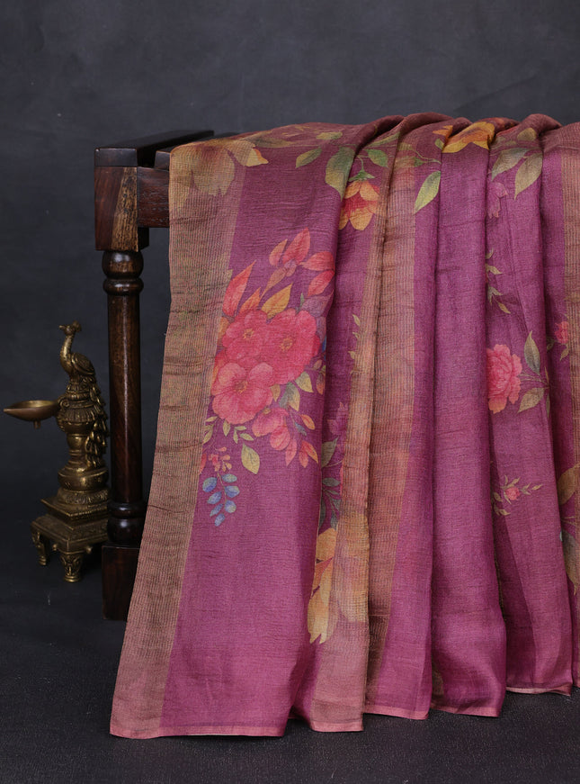 Magenta Organza Printed Silk Saree