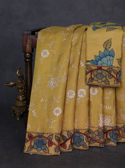Mehendi Green Kota Embroidery With Kalamkari Blouse
