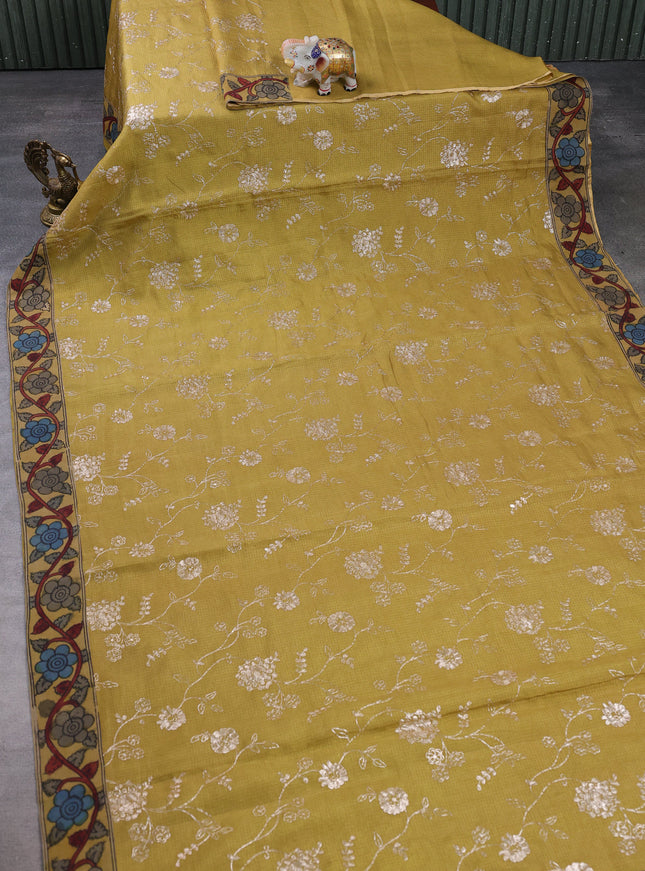 Mehendi Green Kota Embroidery With Kalamkari Blouse