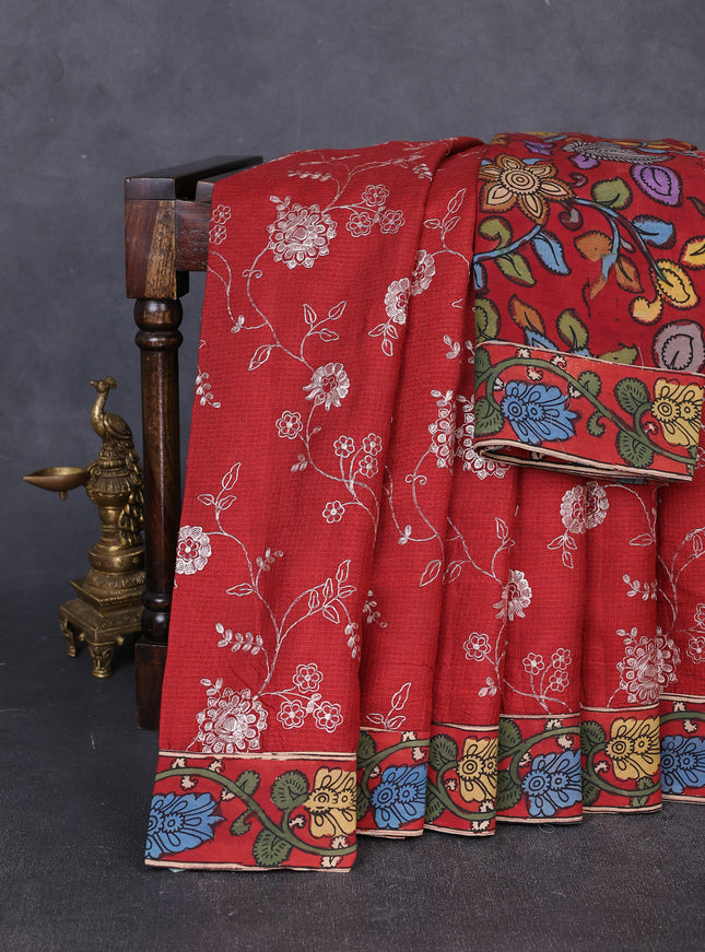 Maroon Kota Embroidery With Kalamkari Blouse
