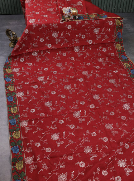 Maroon Kota Embroidery With Kalamkari Blouse