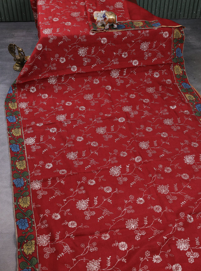 Maroon Kota Embroidery With Kalamkari Blouse