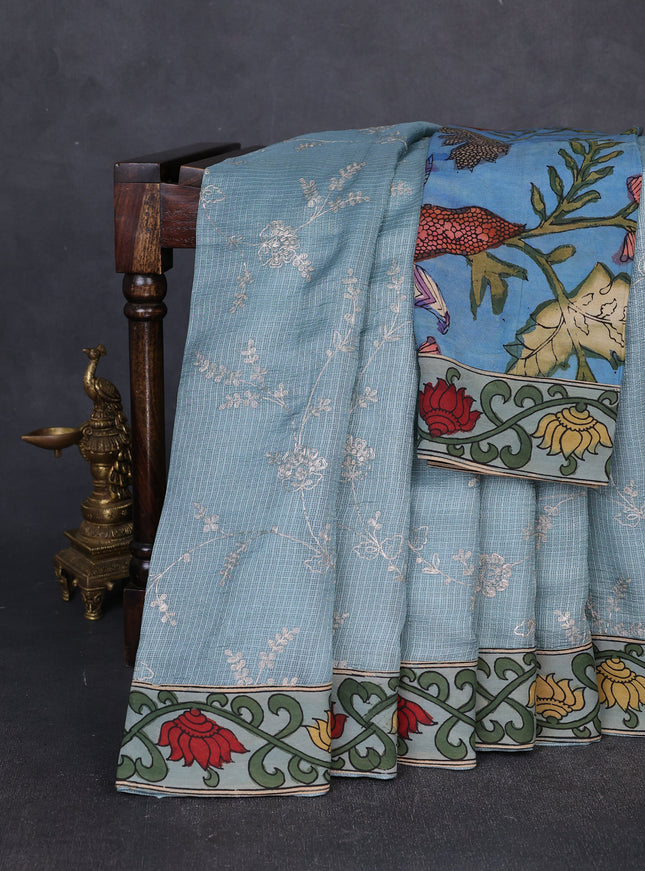 Pastel Blue Kota Embroidery With Kalamkari Blouse