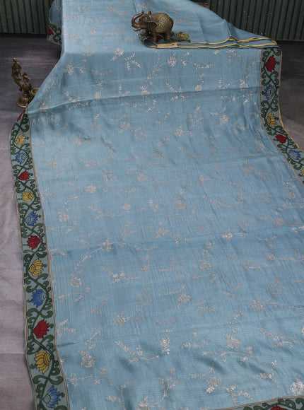 Pastel Blue Kota Embroidery With Kalamkari Blouse