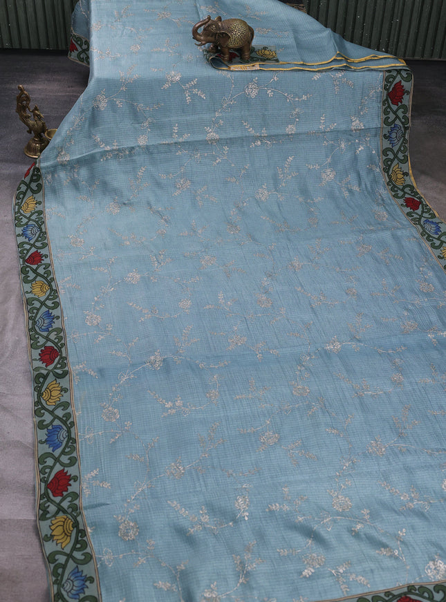 Pastel Blue Kota Embroidery With Kalamkari Blouse