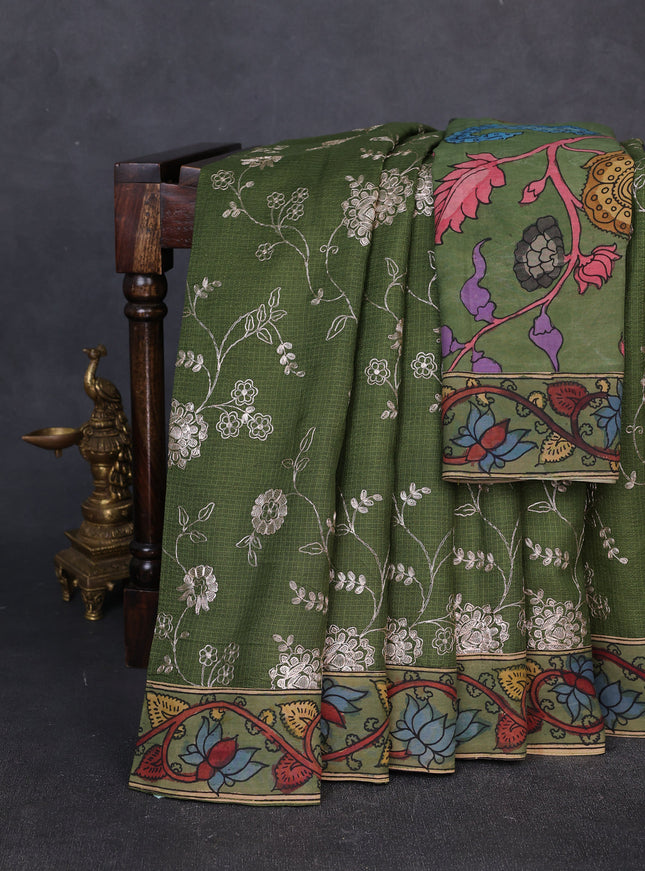 Sap Green Kota Embroidery With Kalamkari Blouse