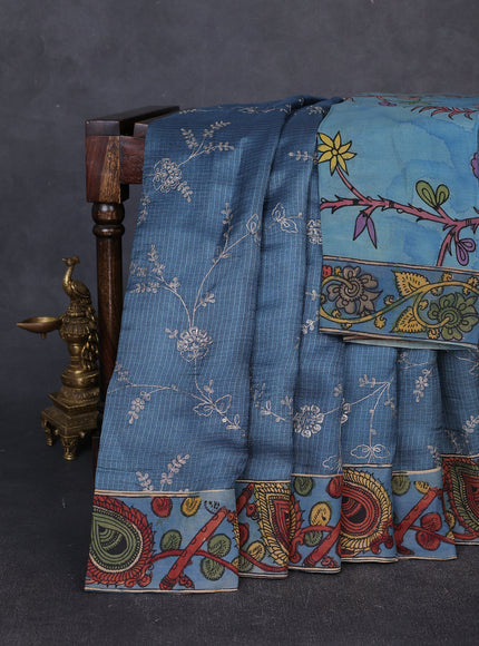 Blue Kota Embroidery With Kalamkari Blouse