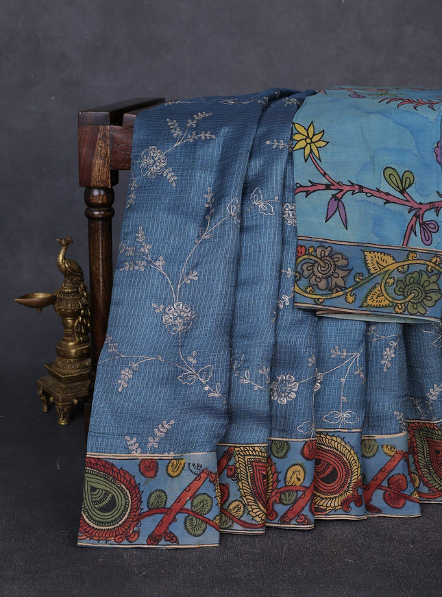 Blue Kota Embroidery With Kalamkari Blouse