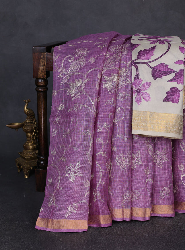 Lilac Kota Embroidery With Kalamkari Blouse